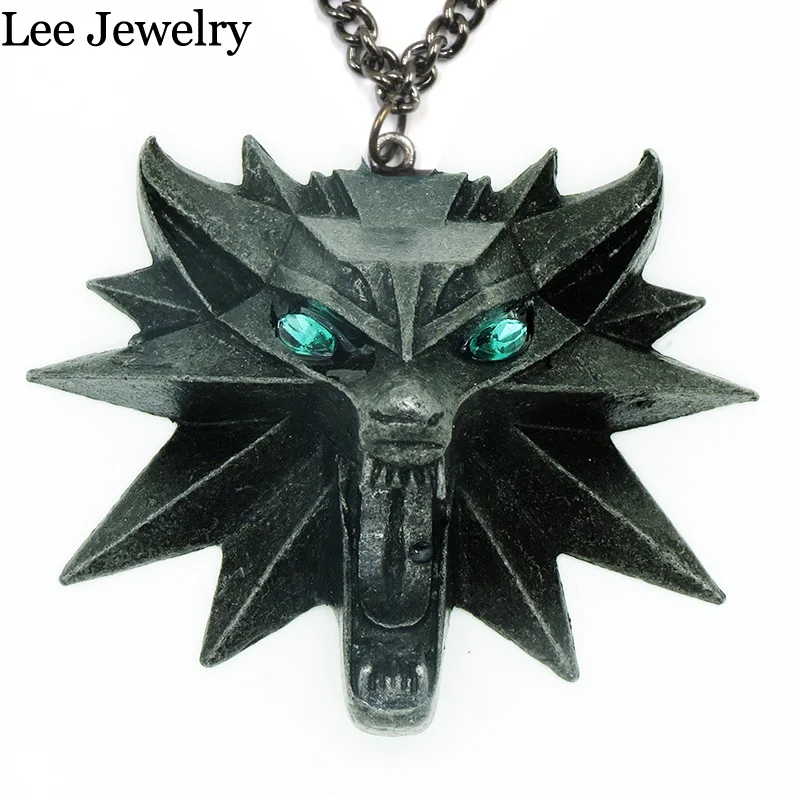 Wizard school Geralt of Rivia green crystal lobo wolf head Medallion pendant Wild Hunt 3D games monster animal chain necklace