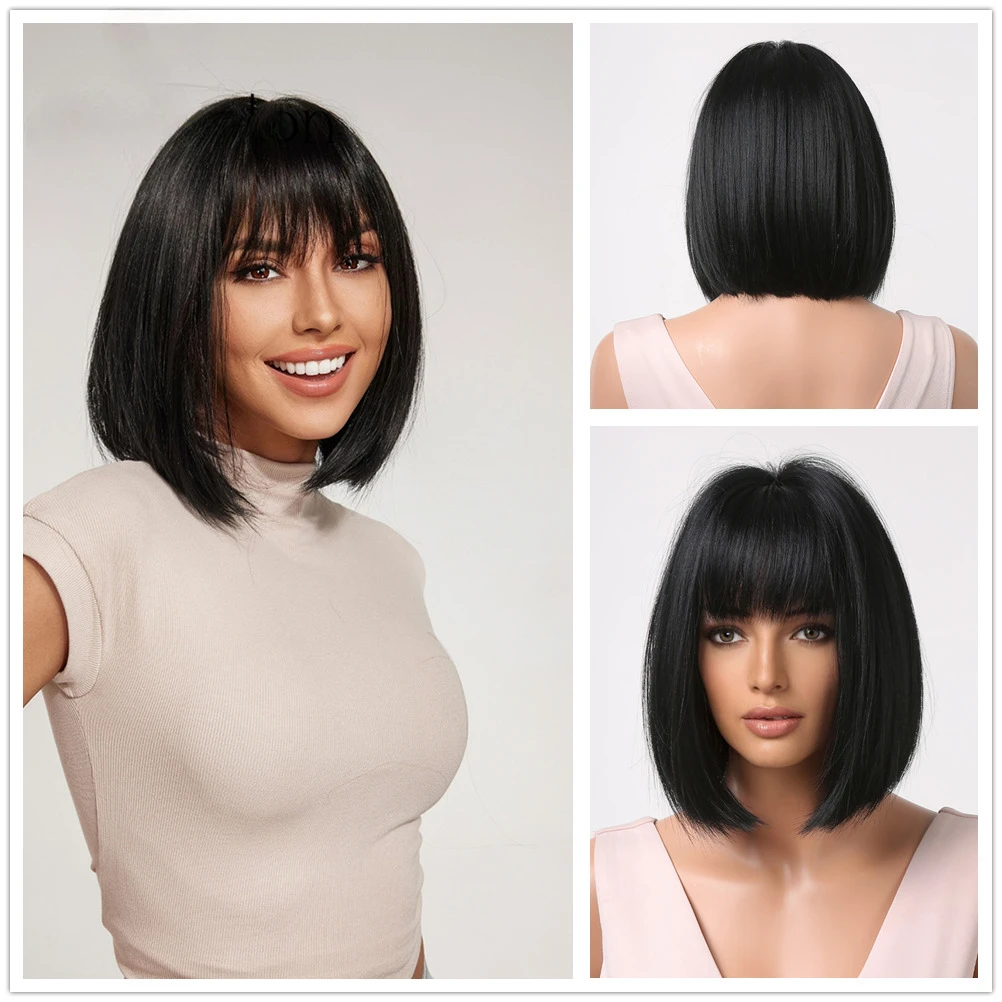 

Bob Straight Synthetic with Bangs Natural Black Daily Wig for Black Women