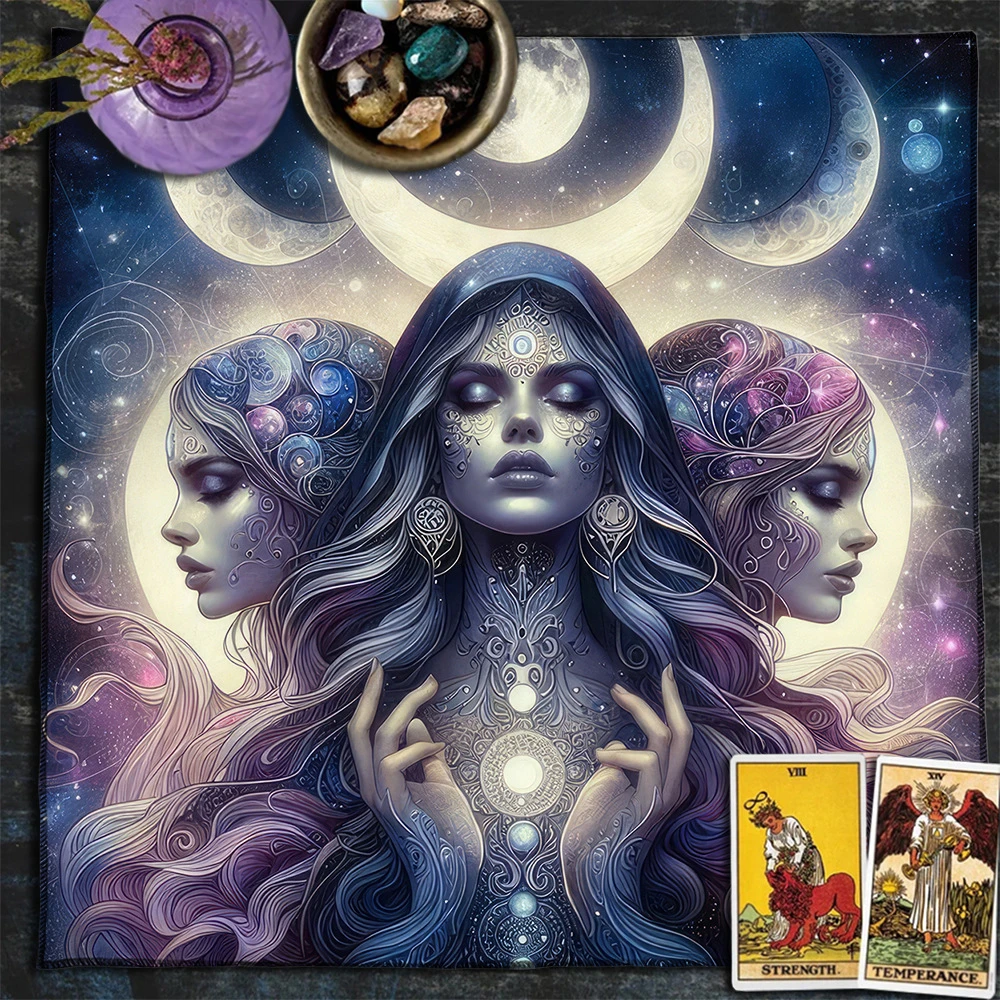Triple Moon Goddess Altar tablecloth, Wiccan Pagan Witchcraft Tarot Mat, Spiritual Divination Decor Gift