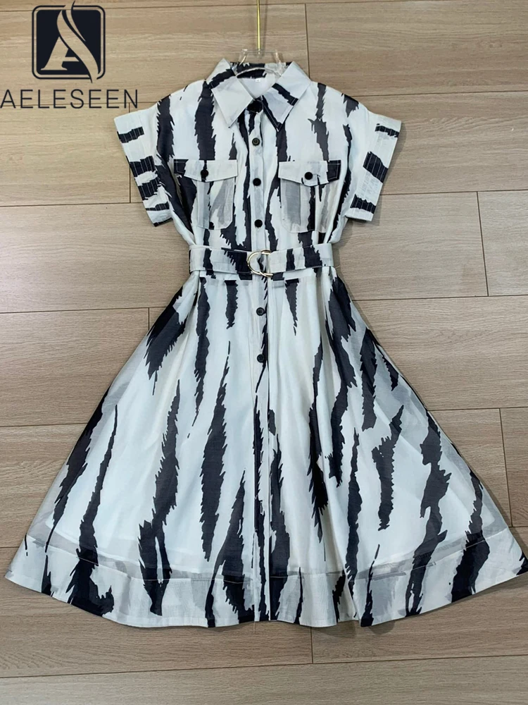 

AELESEEN Runway Fashion Mini Dress Women Summer Turn-down Collar Strip Print Single-breasted Belt Short Sleeve Casual Holiday