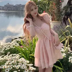 Summer Sweet Bow Chiffon Dress Vintage Fairy Irregular Square Collar Dress Sundress Princess Mini Pink Holiday Dress Vestido New