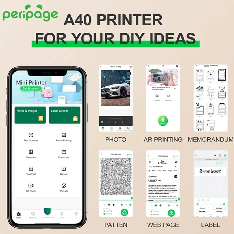 PeriPage A40 A4 Portable Mini Thermal Printer Paper Photo Printer From Mobile Phone Wireless Bluetooth Document Office A4Printer