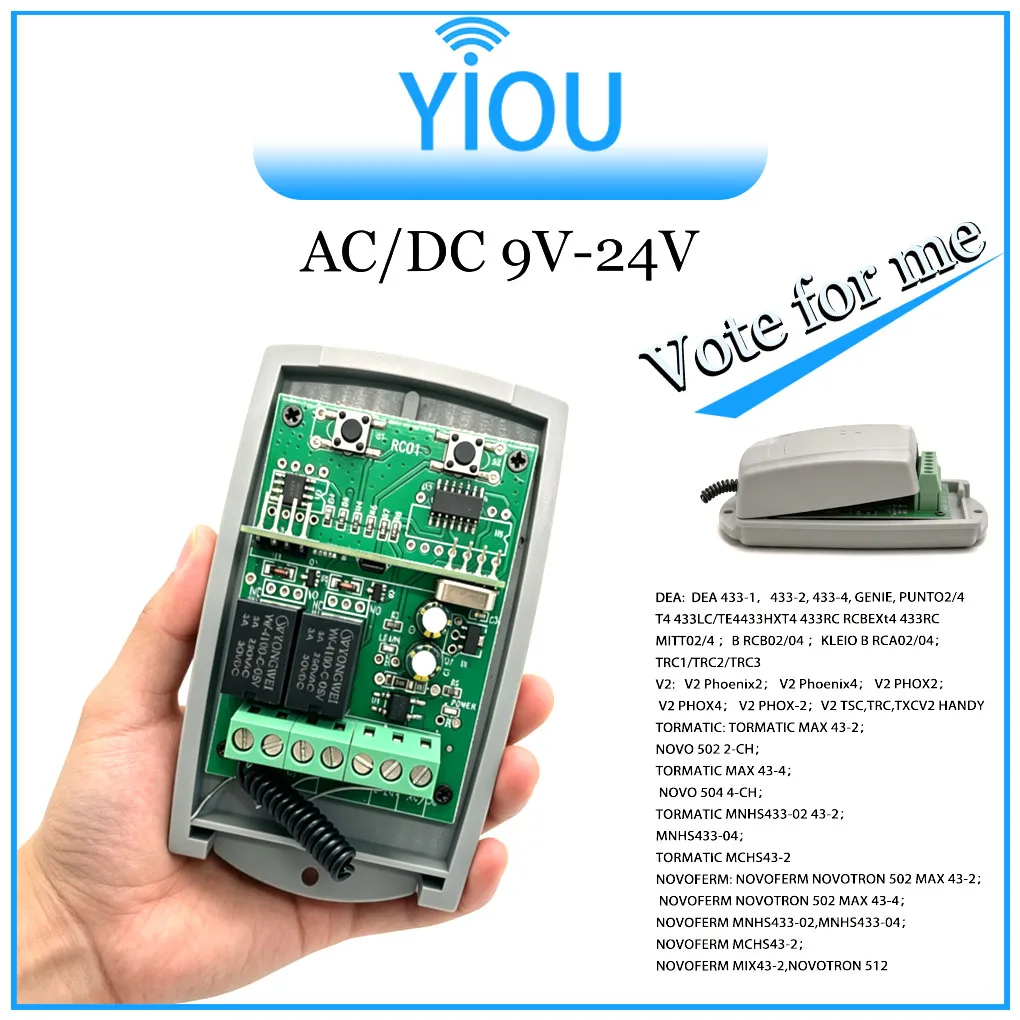 Upgrade Version 433.92MHz Two Channel Wireless Garage Door Opener Receiver 9-24V AC DC Relay Control Module