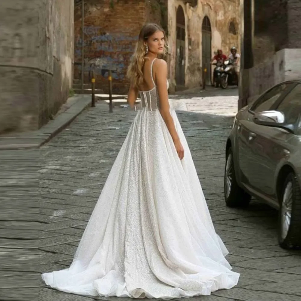 맞춤형 A라인 스파게티 스트랩 웨딩 드레스 여성용 반짝이는 레이스 럭셔리 브라이드메이드 맞춤형 웨딩 가운