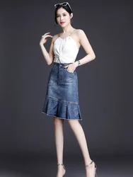With Pocket Ruffle Women's Denim Skirt Zipper Blue Midi Chubby To Knees Length Female Jeans Skirts High Waist Y2k Vintage Cheap