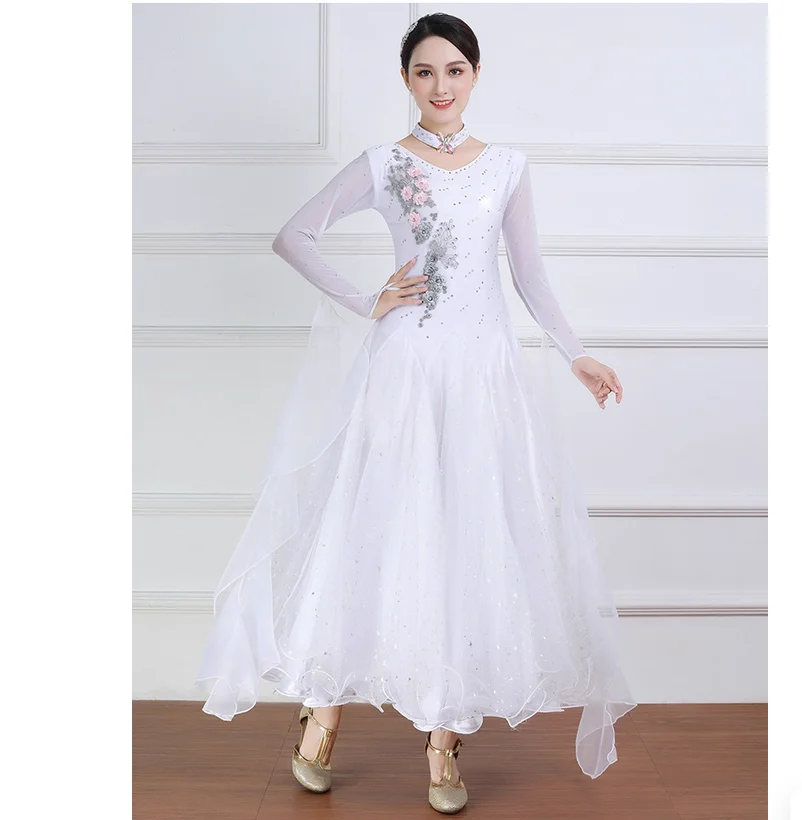 

Diamond studded white modern dance dress and waltz performance costume