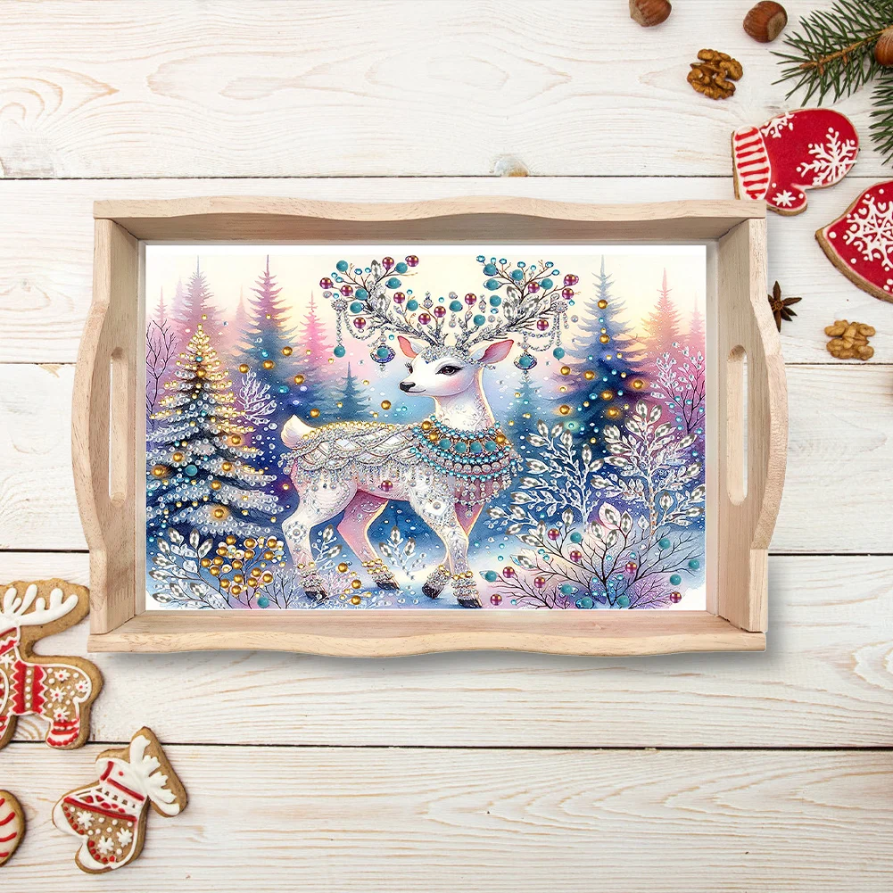 Christmas Diamond Painting Wooden Serving Tray Decorative Diamond Painting Dinner Plate Tray Good for Parties Or Bed Food Tray