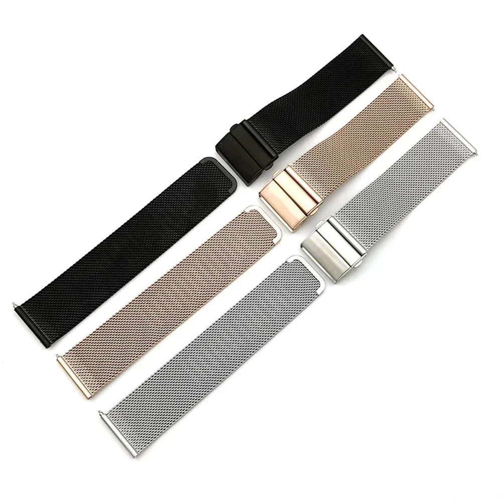 Mesh Milanese Loop Strap Stainless Steel Metal Quick Release Bracelet Double Press Butterfly Buckle Watch Band 18mm 20mm 22mm