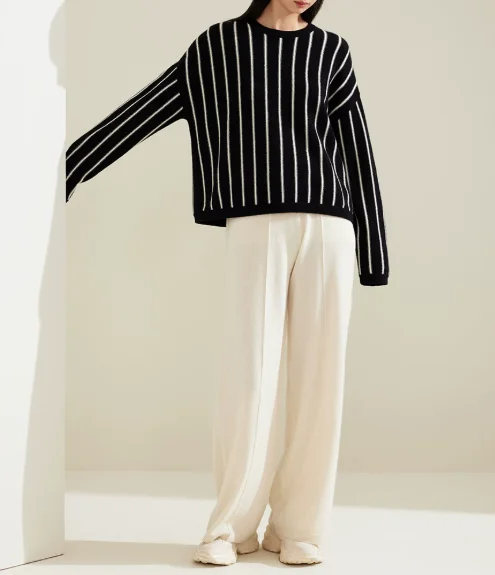 Winter new pure cashmere sweater women's round neck bat sleeve loose striped sweater thickness