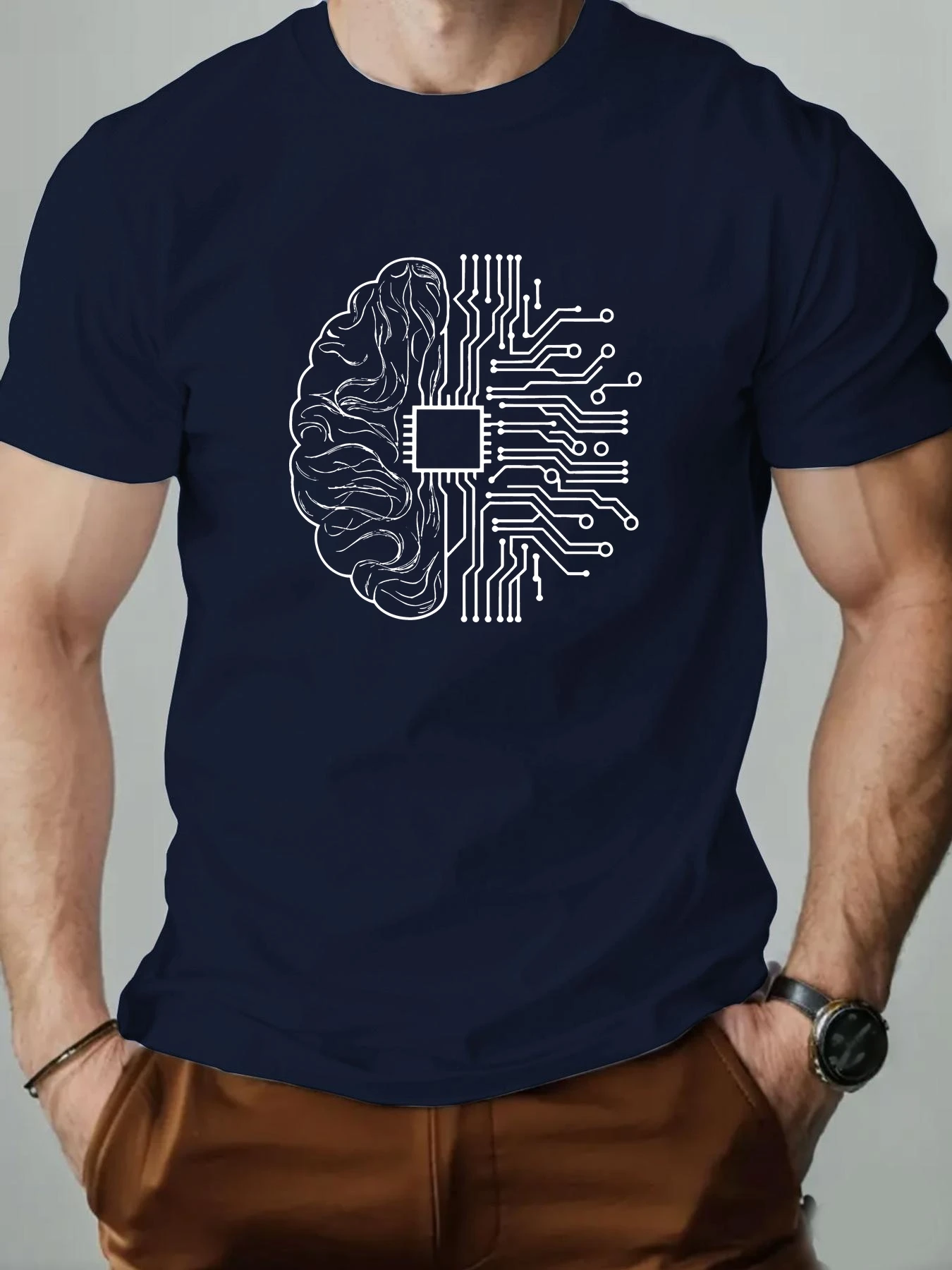 Amerikanischer Stil Herren T-Shirt mit Gehirnmuster, Sommerliches Freizeit-Rundhals-Kurzarmshirt, Herren Sommer Rundhals-Kurzarm-T-Shirt