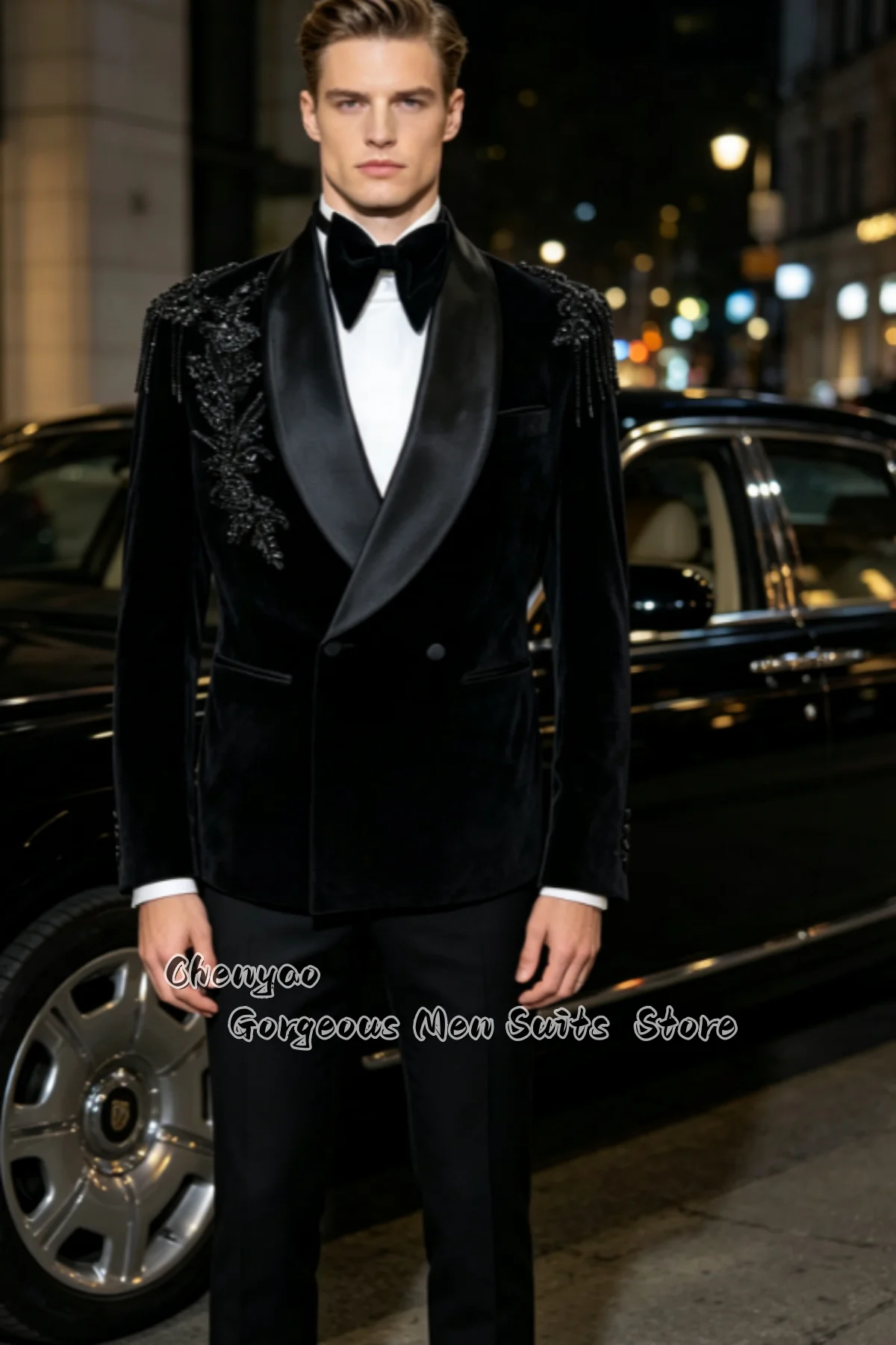 Luxury Velvet Men 2-Piece Formal Suit Tuxedos Shoulder Floral Rhinestone Embroidery Double Breasted Male Blazer Customized
