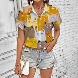 Women's Shirts & Blouses Fashion animal printing Shirts Cute kitten Shirts Short sleeved daily shirt 2024 summery Loose Shirt