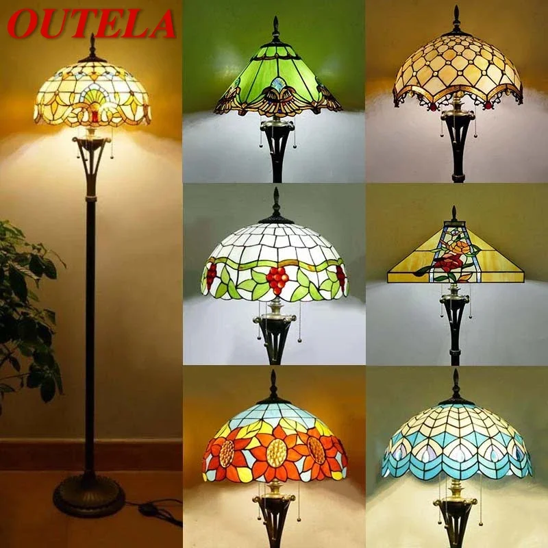 

OUTELA Tiffany Floor Lamp American Retro Living Room Bedroom Lamp Country Stained Glass Floor Lamp