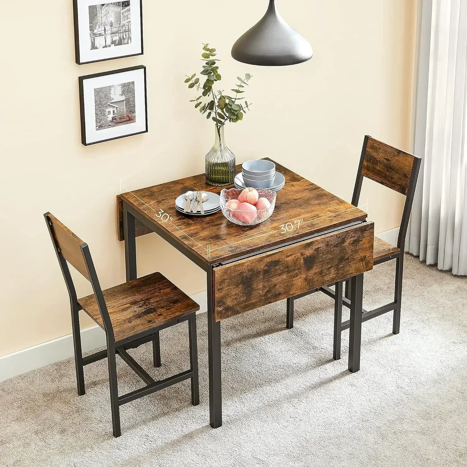 Folding Dining Table, Drop Leaf Extendable, for Small Spaces, Seats 2-4 People, Industrial, 33.3 x 30.7 x 30 Inches,Brow