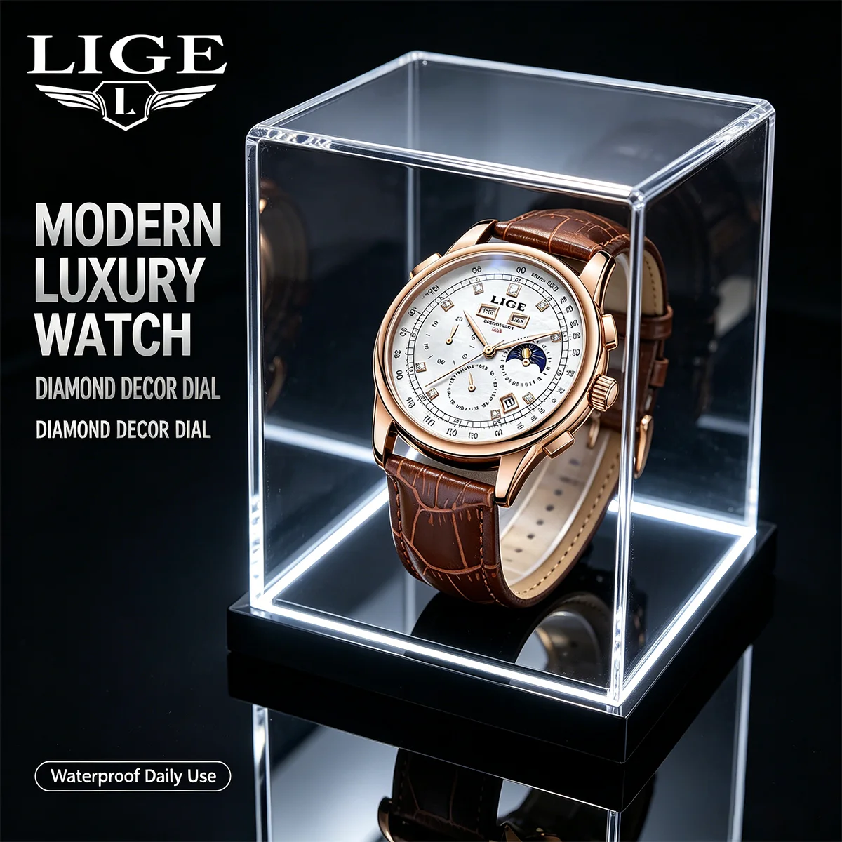 LIGE Rose Man Match Chronograph Date Leather Men's Phase Of The Moon Timing Business Luminous Quartz Watch Relojes Para hombres