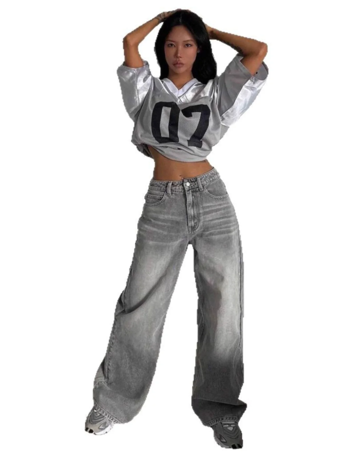 

American Street Style Vintage Wideleg Jeans Women's Floorlength Trousers Trendy High Waist Long Jeans Denim Pure Color
