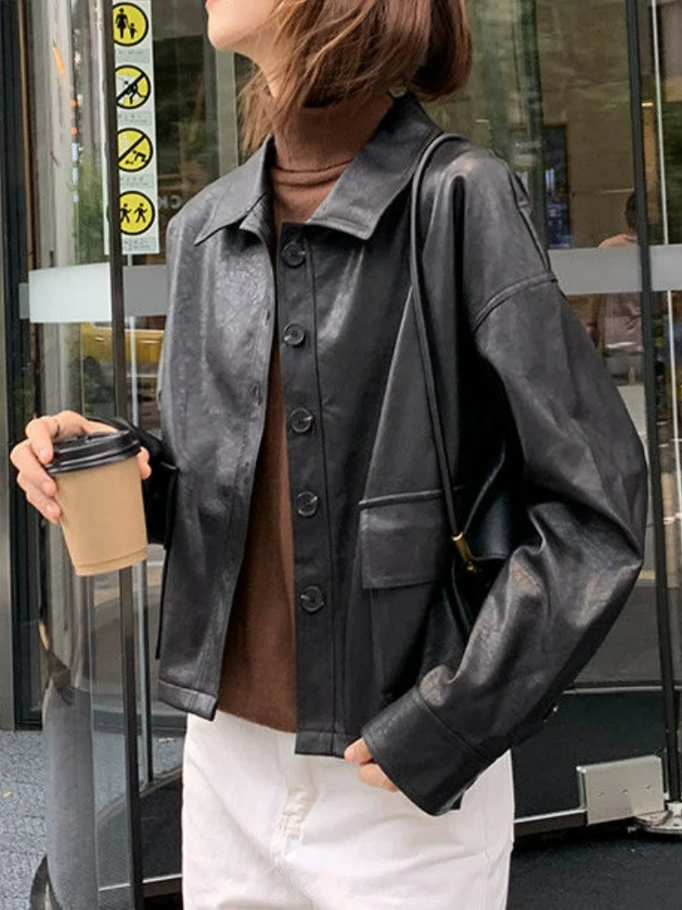 Summer Black Leather Jacket Women Korean Fashion Loose Thin Moto Jacket Female Streetwear Lady Outerwear Biker Coat 2022 Autumn