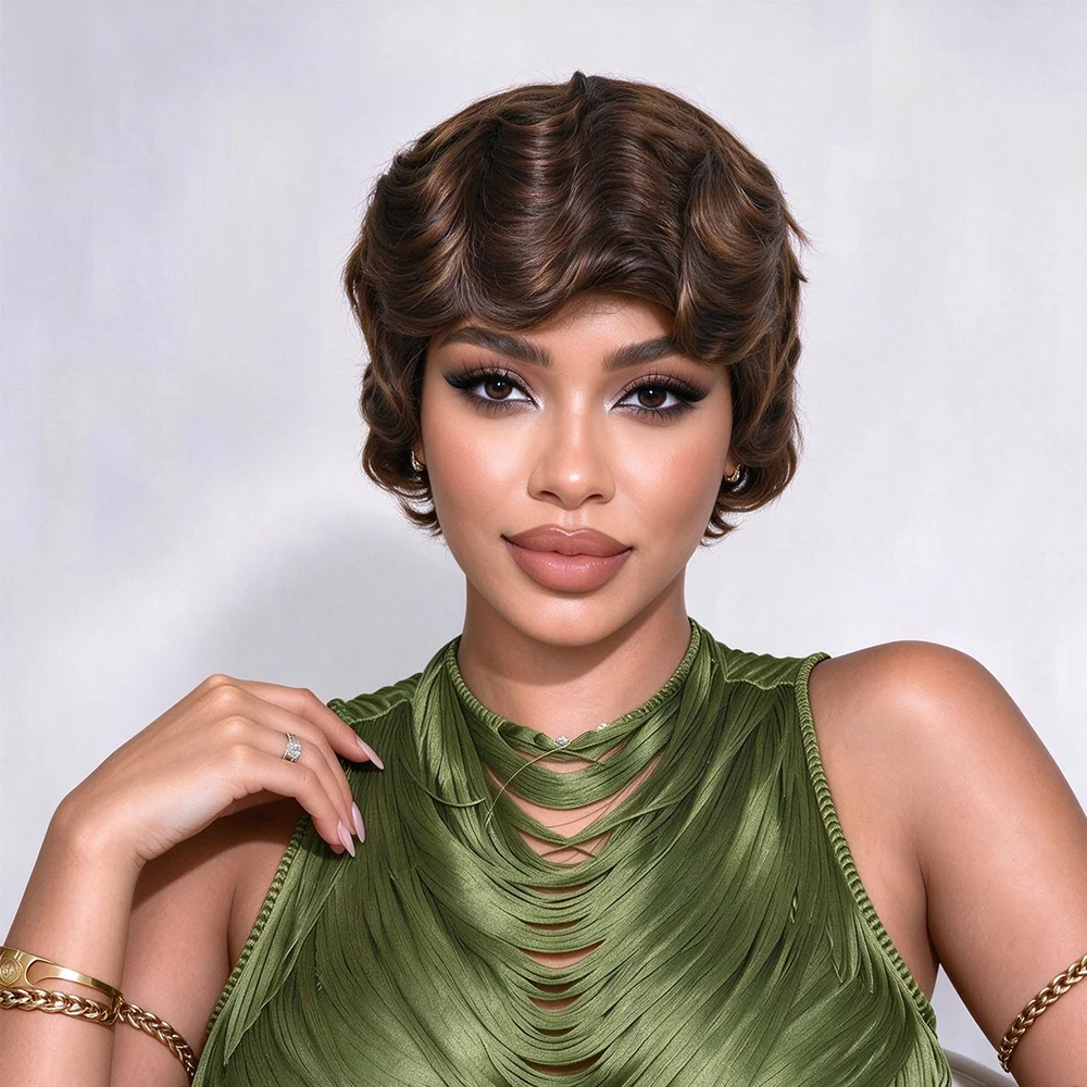 Short Human Hair Curly Pixie Cut Wig with Natural Brown Color for Women,This Short Wig Is Fully Machine-Made for Daily Wear & Su