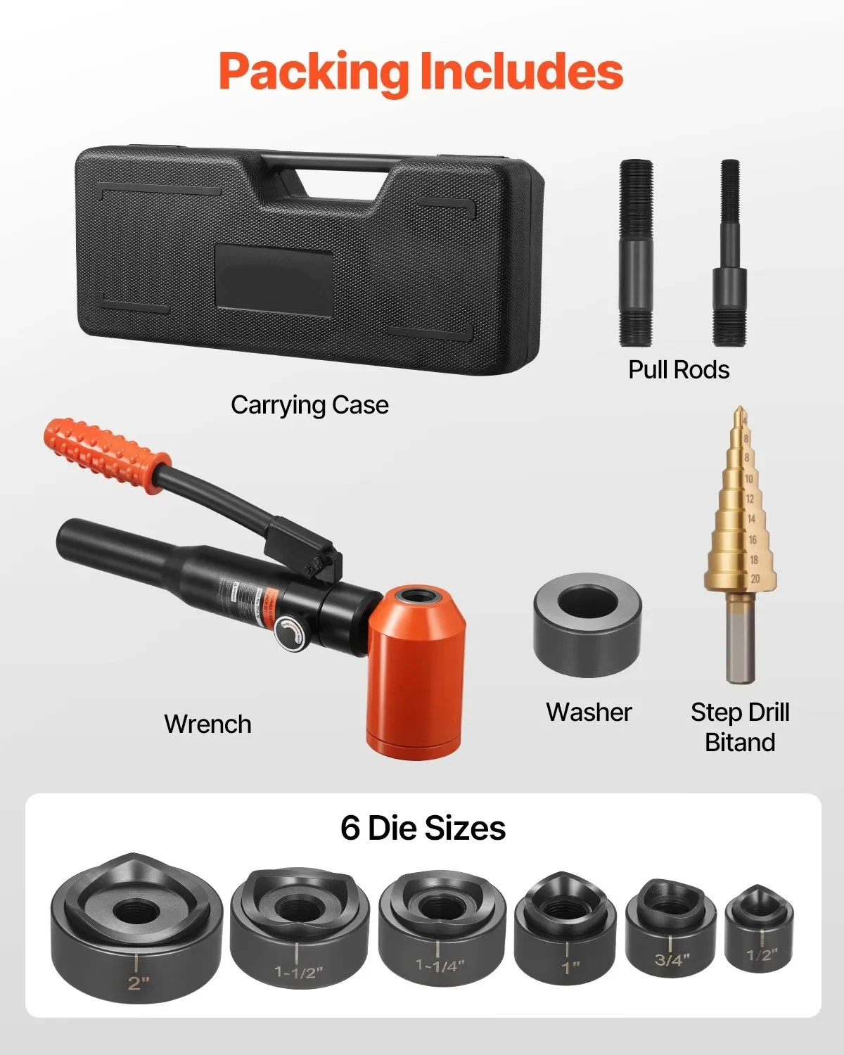 Hydraulic Hole Digger 6-10 Ton Hydraulic Knockout Set, 1/2" to 2" KO Tool Kit Hole Making Tool, KO Tools Kit W/6 Dies for Metal