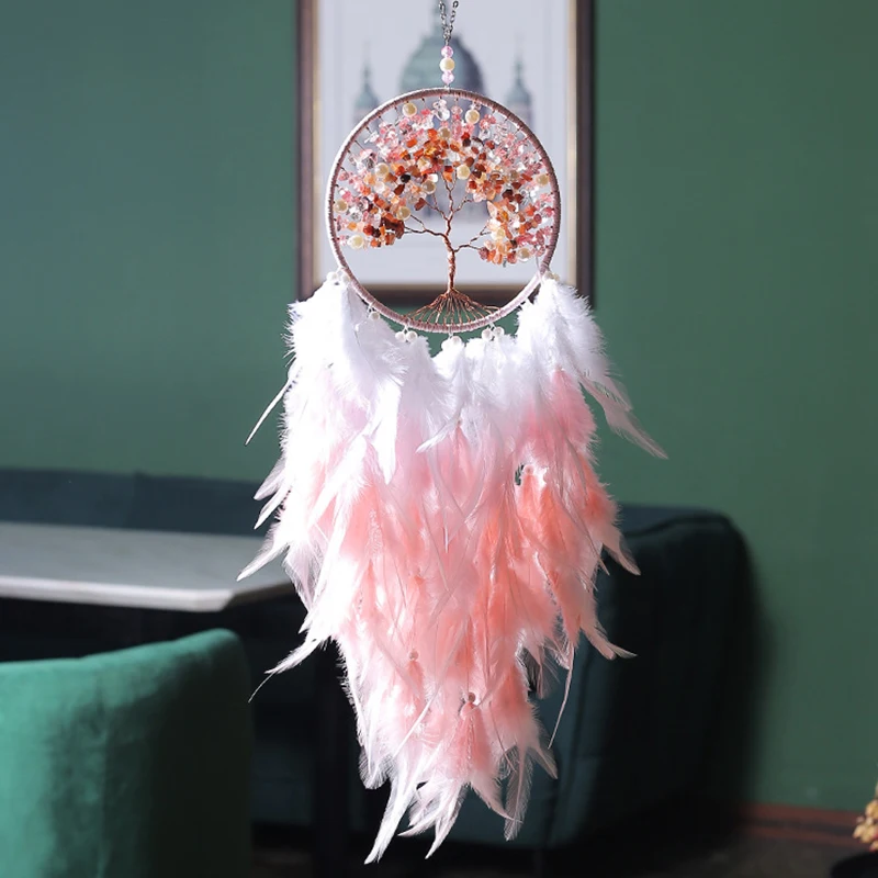 Tree of Life Dream Catcher Handmade Pink Gravel Wall Hangings Feather Craft Home Decor Wind Chimes DreamCatchers Room Decorate