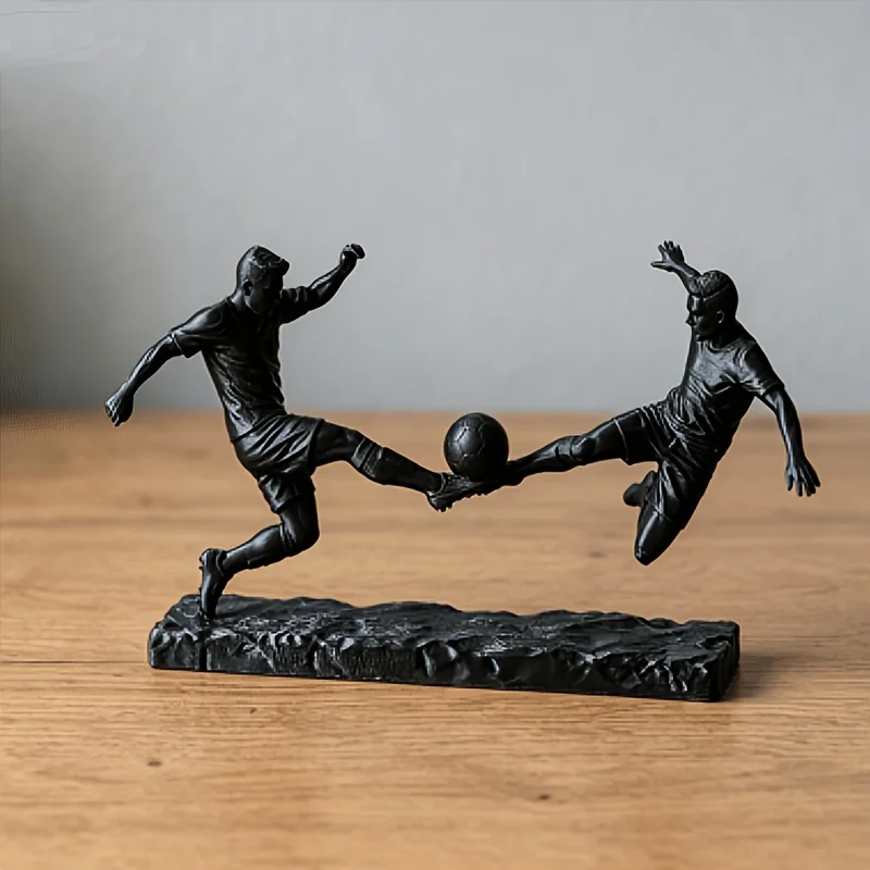 Matte Black Resin Soccer Player Statue Two Football Athletes Duel Sculpture Sports Themed Tabletop Ornament Modern Home