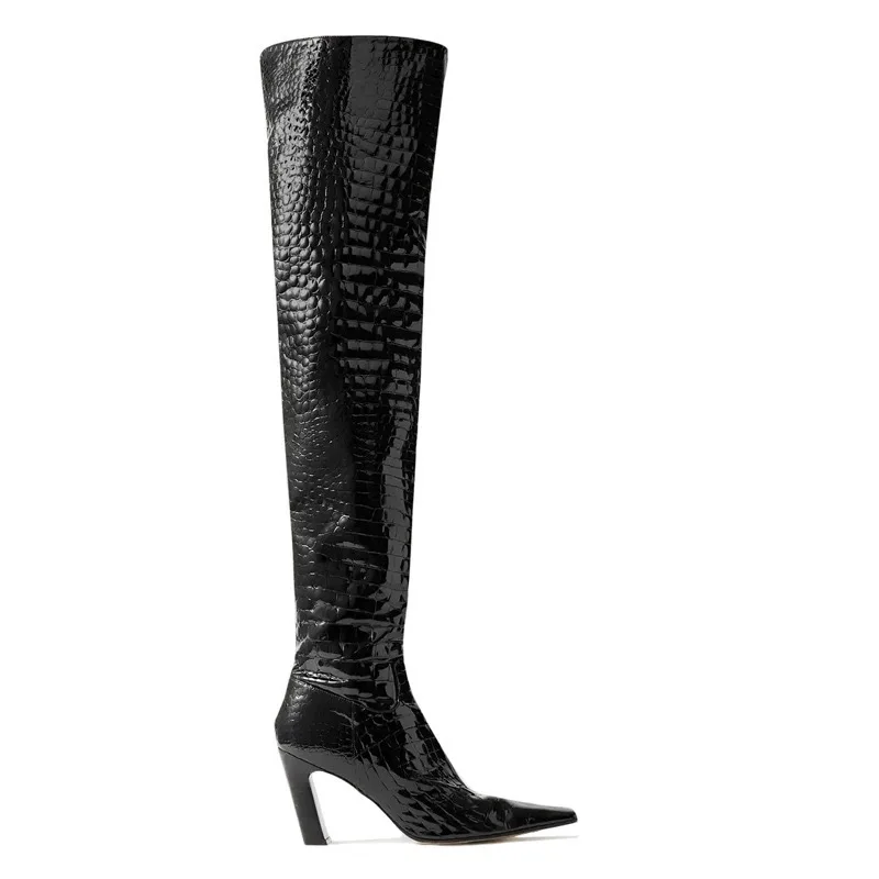 Square Toe Shaped Heel Western Cowboy Thigh Boots Woman Winter 2024 Stone Pattern Side Zip Over The Knee Boots Shoes for Women