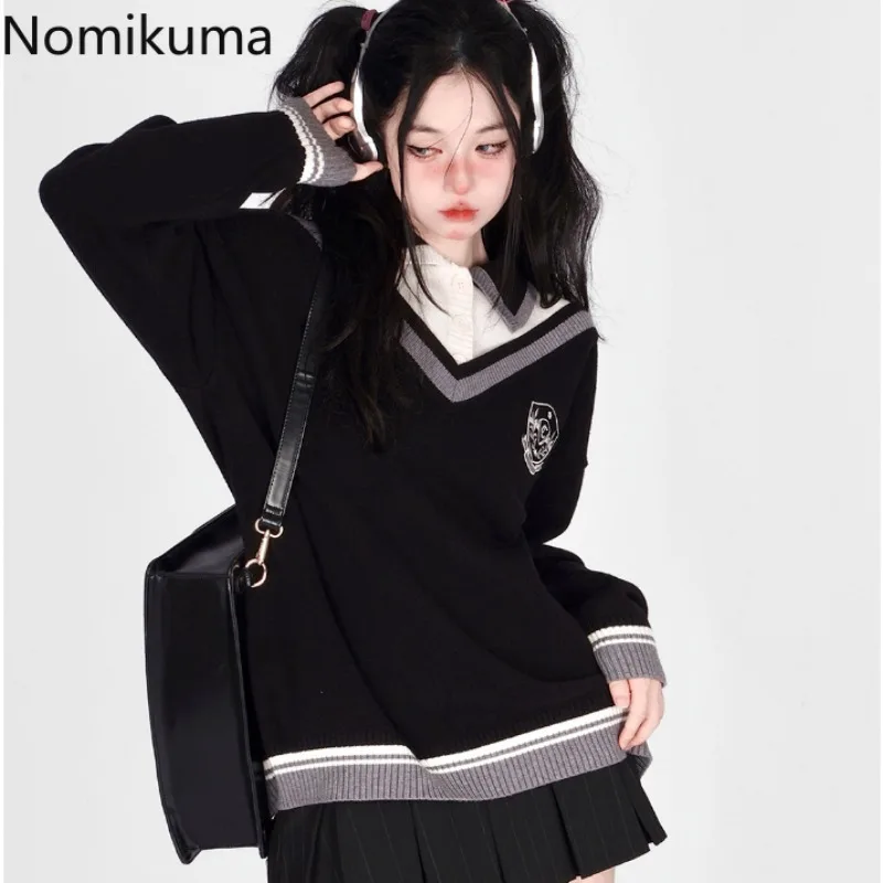 

Korean Sueter Mujer Preppy Style Fashion Fake Two Pullovers for Women Fall Winter Clothing Knitting Oversized Sweater Pull Femme