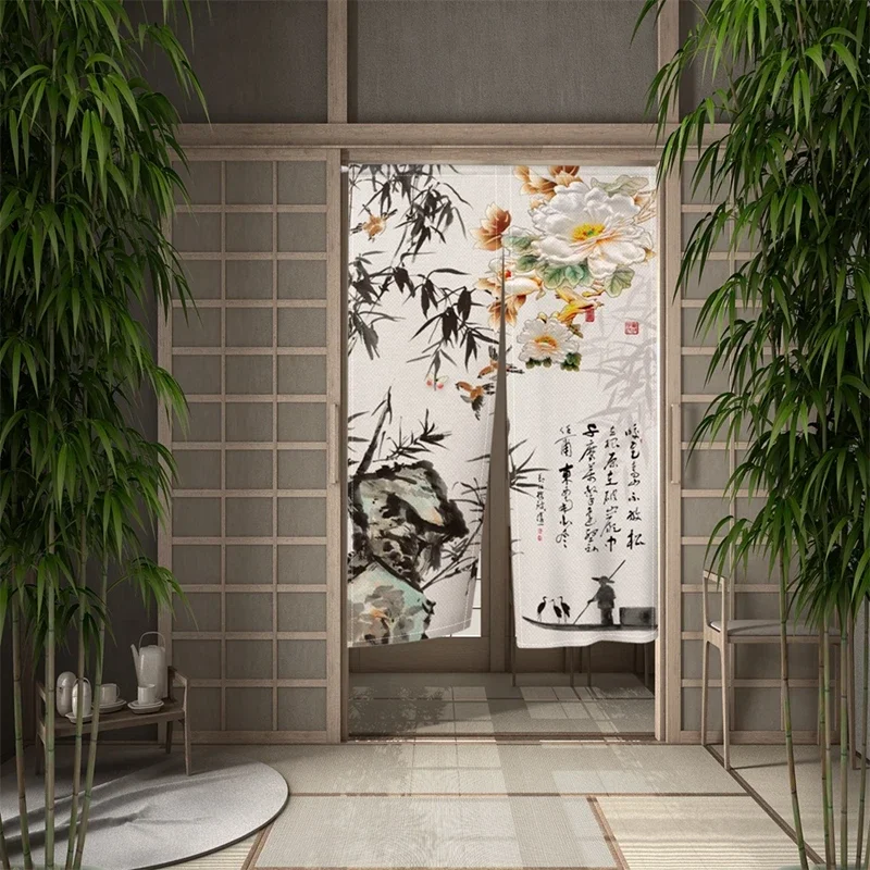 Chinese Traditional Bamboo Door Curtain Ink Painting Kitchen Dining Room Partition Curtains Drape Entrance Hanging Half-Curtain