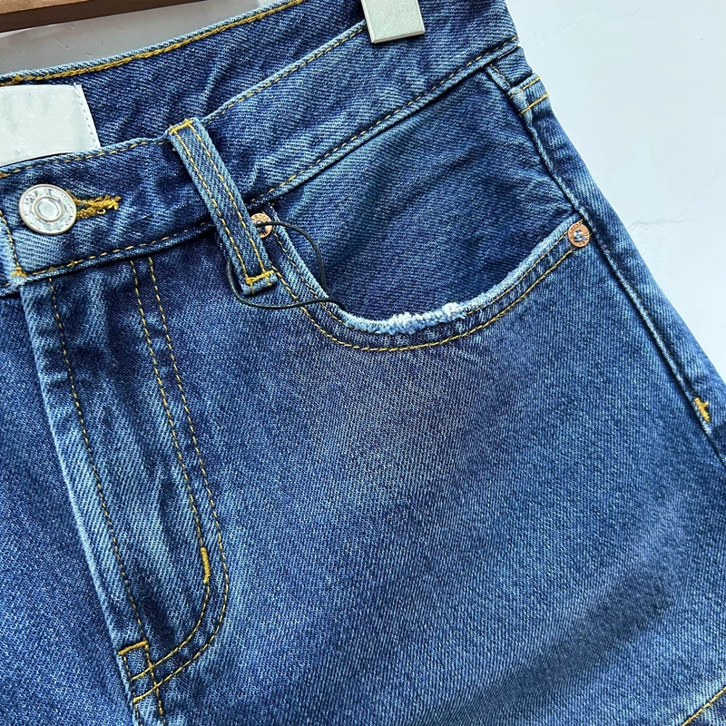 Dave&Di 2025 Summer Denim Bermuda Women Vintage Mom Jeans Deep Blue High Waisted Denim Shorts For Women