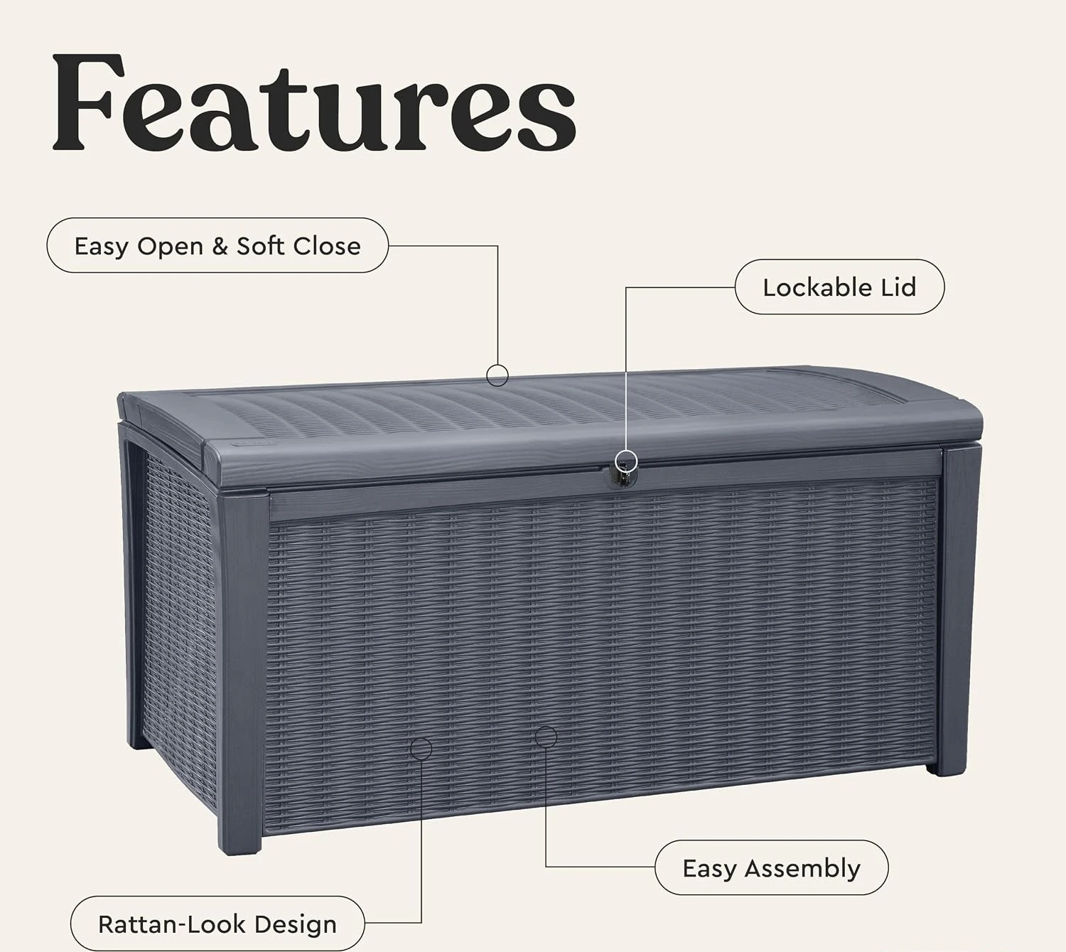 110 Gallon Outdoor Storage Deck Box Lockable Waterproof Resin Container Box Patio Bench Furniture Cushion Tool Pool Storage Organizer Bin Rattan Texture view 3