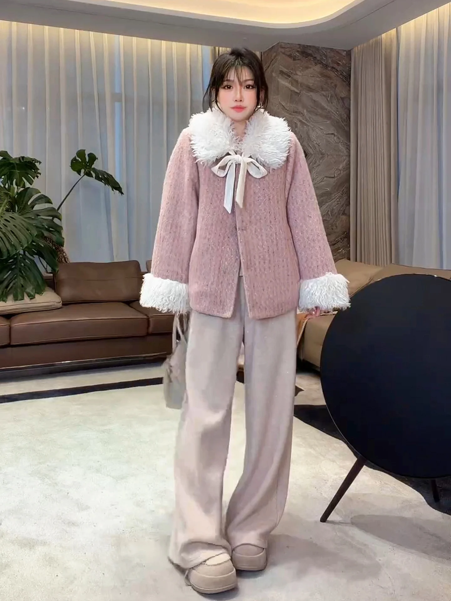 

Warm Fce Lined Teddy Bear Coat Thiened Woolen Fabric Goose down Jaet Casual Sle Long Sve Regular Length for Women