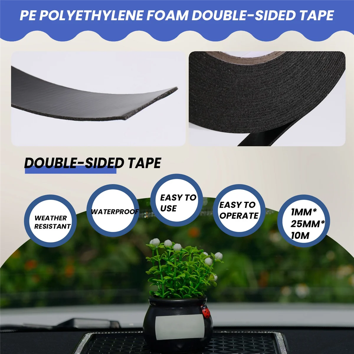 Zwarte Supersterke Permanente Dubbelzijdige Zelfklevende Schuim Auto Trim Body Tape Breedte: 25Mm