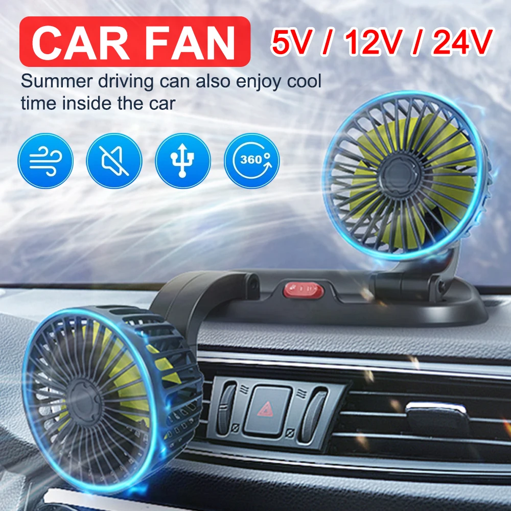 5V 12V 24V Car Fan Cooling Car Fan Dual Head Usb Car Fan 2 Speeds Adjustable Auto Cooler Air Fan Car Accessories Wind Regulation