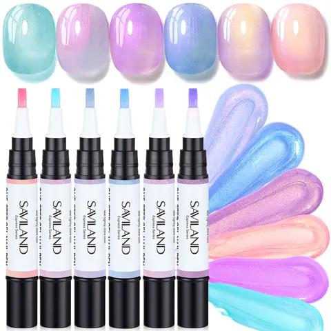 SAVILAND Stylo de vernis à ongles gel en une étape, 6 couleurs, rose nacré, bleu, 3 en 1 (base, couleur, top coat), soak-off, UV LED, pour manucure femme et nail art