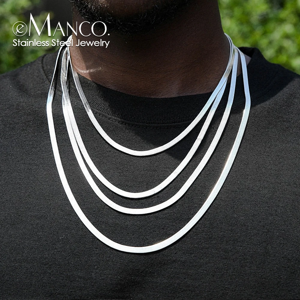 eManco For Women Jewelry Wholesale Unisex Snake Chain Necklace Silver Color Choker Stainless Steel Herringbone Chain Necklace