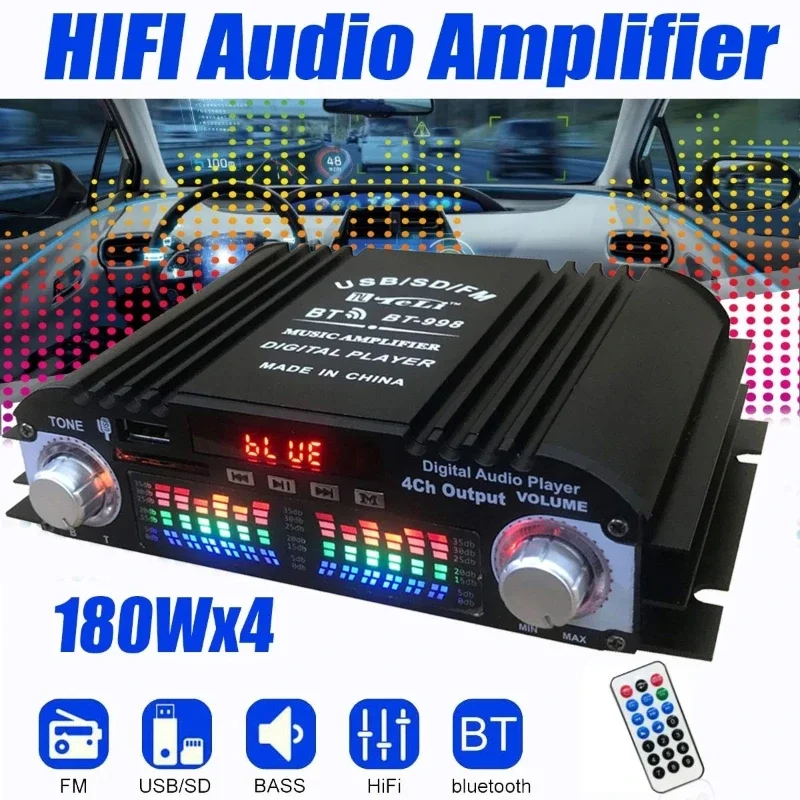 

HiFi Sound Amplifier 4 Channel Digital Audio Bluetooth Amplifier 1600W Peak Power Karaoke Player FM Radio Support Remote Control