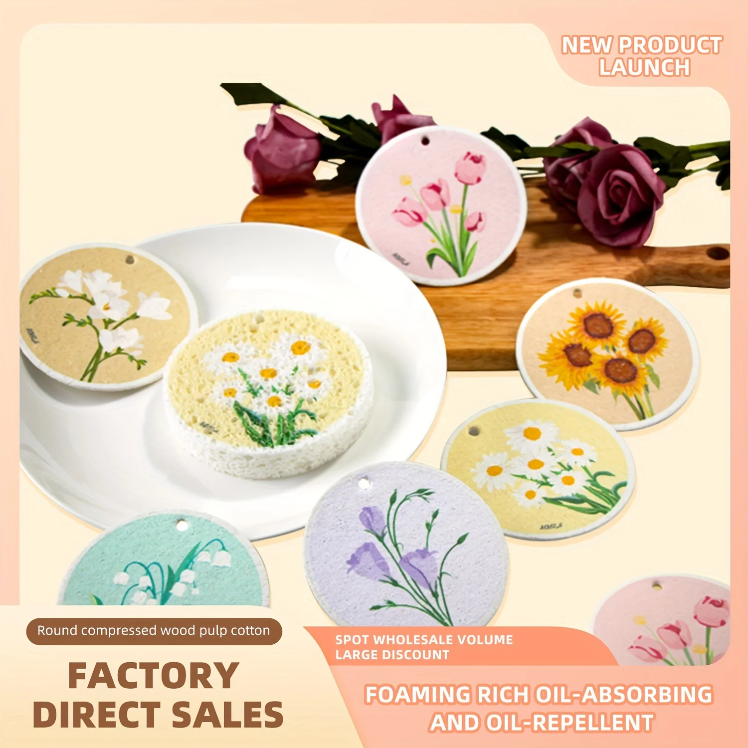 6PCS Flower-Shaped Compressed Wooden Pulp Sponge Scrubber - Dual-Sided Natural Dish Sponge For Kitchen, Quick-Drying Sponges For