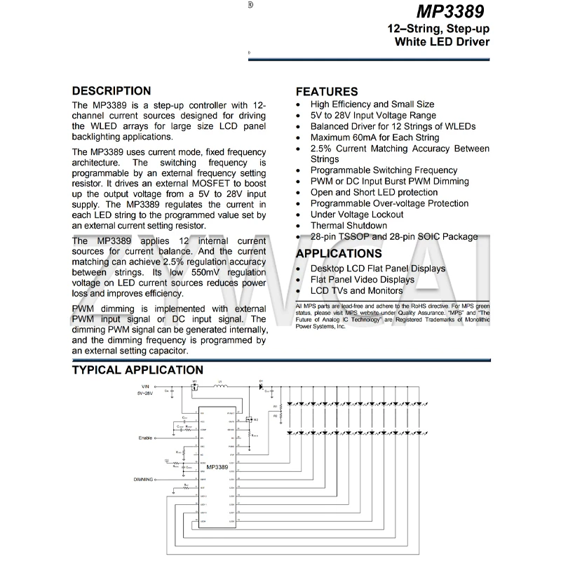 MP3389EF-LF-Z TSSOP-28-EP MP3389EF 2 uds chip de pantalla LCD controlador LED elevador de 12 cuerdas