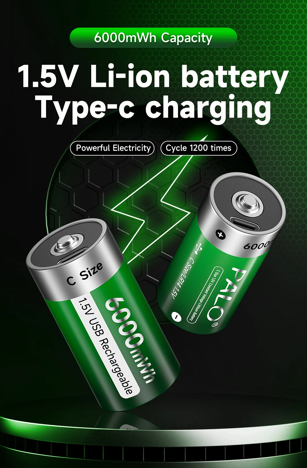 PALO 1,5V C-Größe Li-Ionen-Akku 6000mWh Typ C Wiederaufladbare Lithium-Batterien C-Größe Lipo LR14 Akku für Taschenlampen Gaskocher – Detail 1