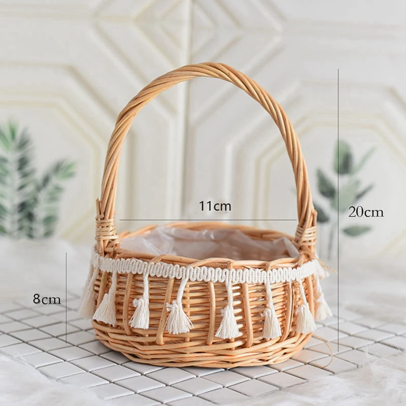 2X Woven Storage Basket And Ribbon Wedding Flower Girl Baskets Wicker Rattan Flower Basket For Home Garden Decor
