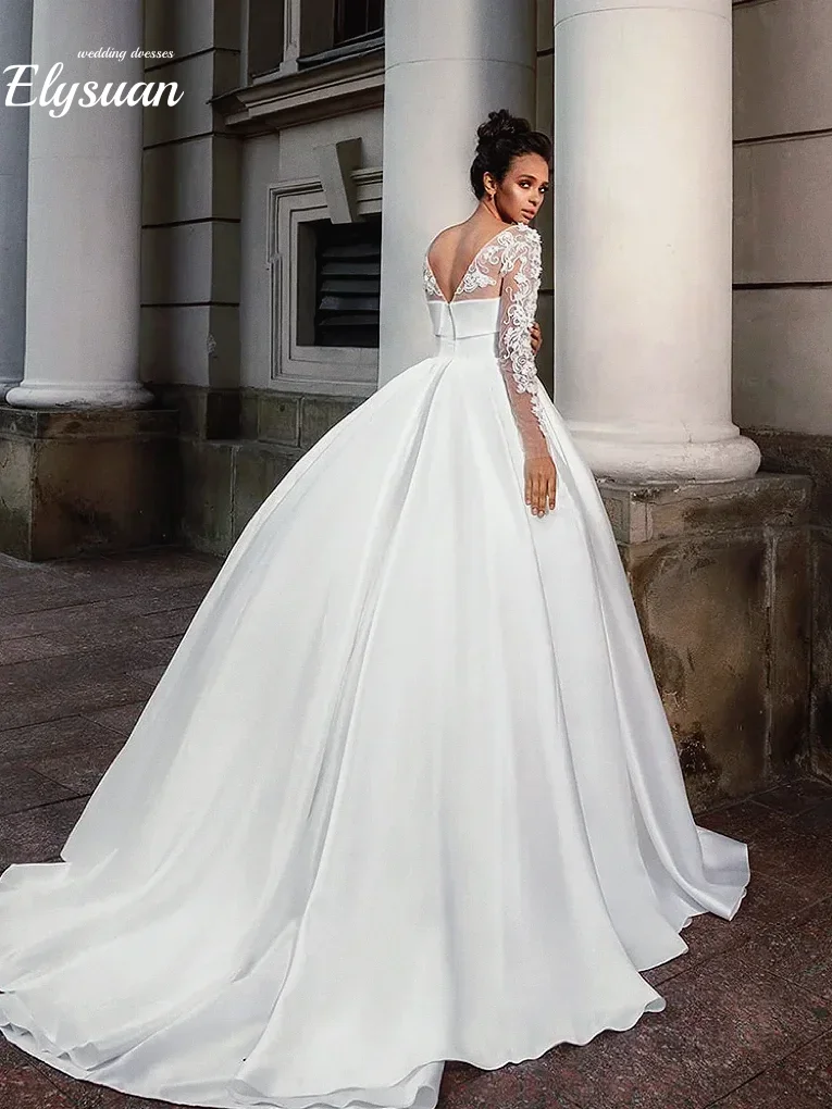 Maßgeschneiderte Vintage Flauschige Brautkleider für die Braut O-Ausschnitt mit langen Ärmeln Spitze Applikationen Tüll bodenlangen Brautkleid Vestidos De