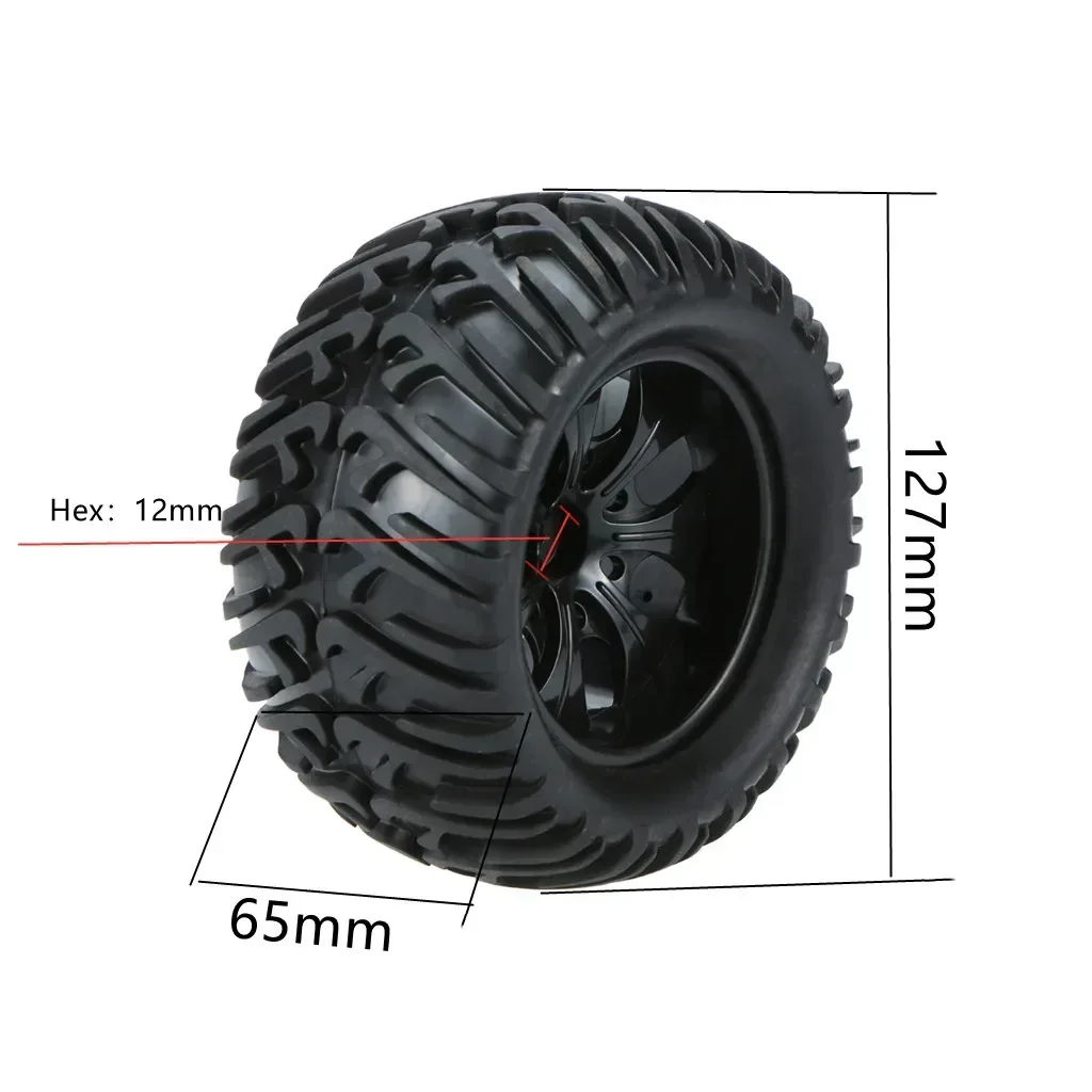 4 peças 125mm borracha 1/10 rc monster truck pneus e jantes 12mm hex com nylon 4mm porcas de bloqueio para trxs himoto hsp hpi redcat