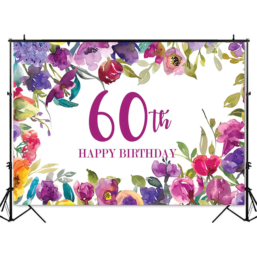 60th Birthday Backdrop for Party Decoration Purple Flowers Adult Women Theme Photo Background Prop Happy Birthday Customize