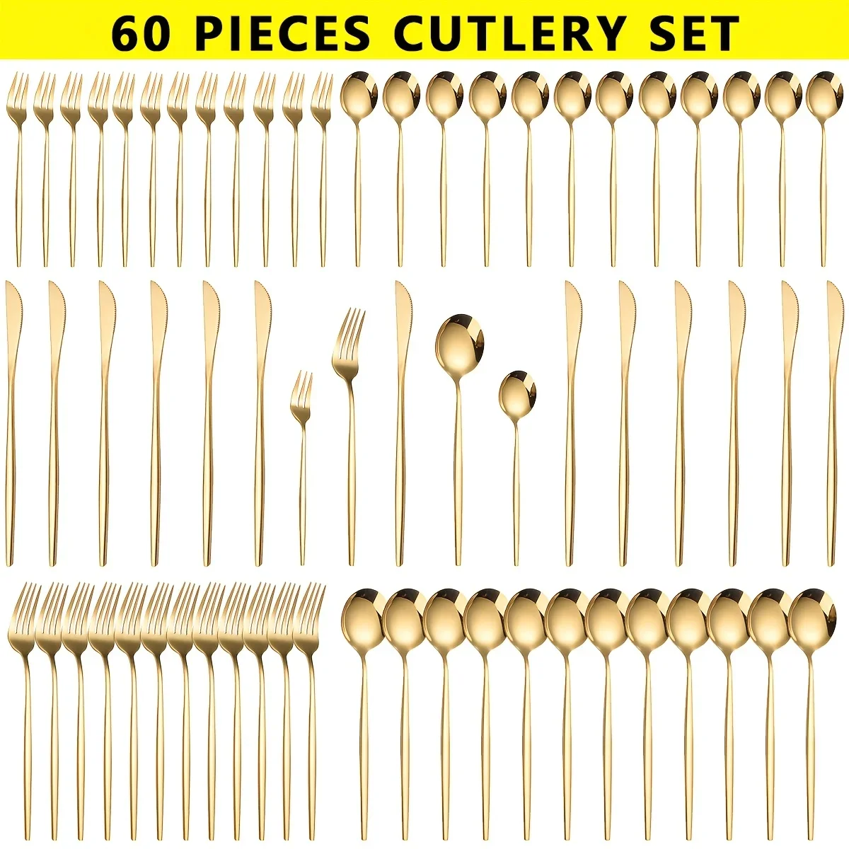 

60pcs Stainless Steel - Luxe Golden Cutlery Set, Mirror Polished, Dishwasher Safe, Includes Knives, Forks & Spoons in Gift Box,