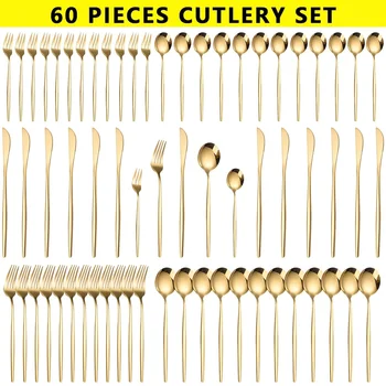 60pcs Stainless Steel - Luxe Golden Cutlery Set, Mirror Polished, Dishwasher Safe, Includes Knives, Forks & Spoons in Gift Box, 1