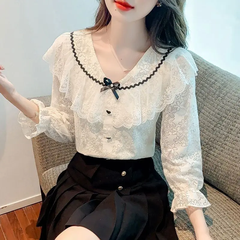 

Chic Sweet Sle Long Sve Doll Collar Knot Lace Top Ele Versatile Autumn New Arrival Faionable Women's irt