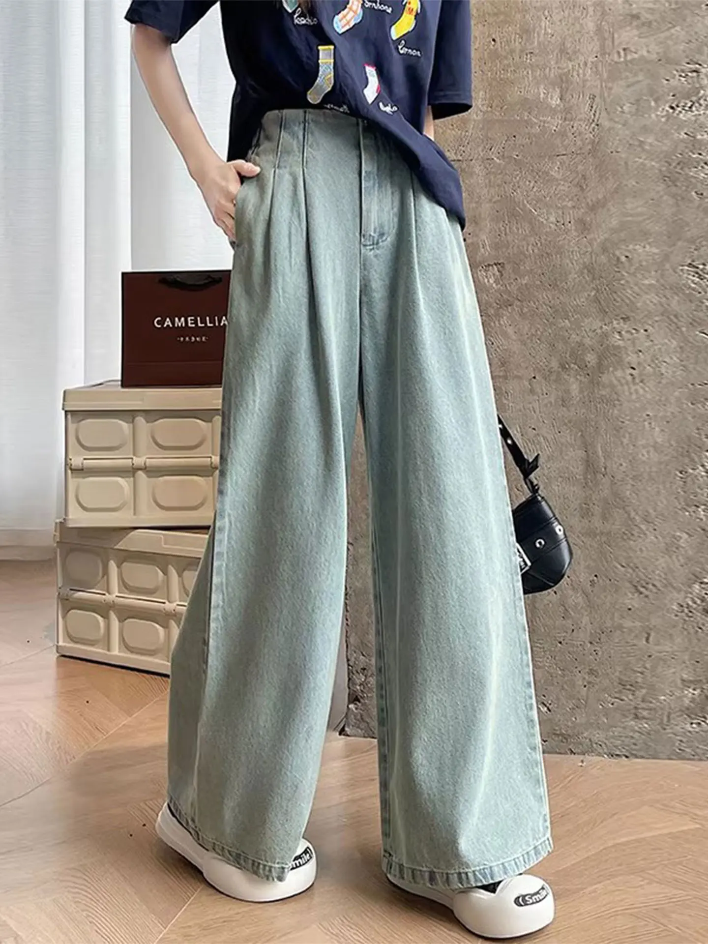

Retro High Waist Loose Casual Wide Leg Jeans Women's plus Size Spring Design Slimming Effect Comfortable Long Trousers