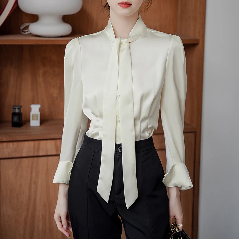 

Women's Satin Blouse Korean Fashion Long Sleeve Solid Shirts Office Lady Clothing Elegant Folds Slim Waist Woman Tops