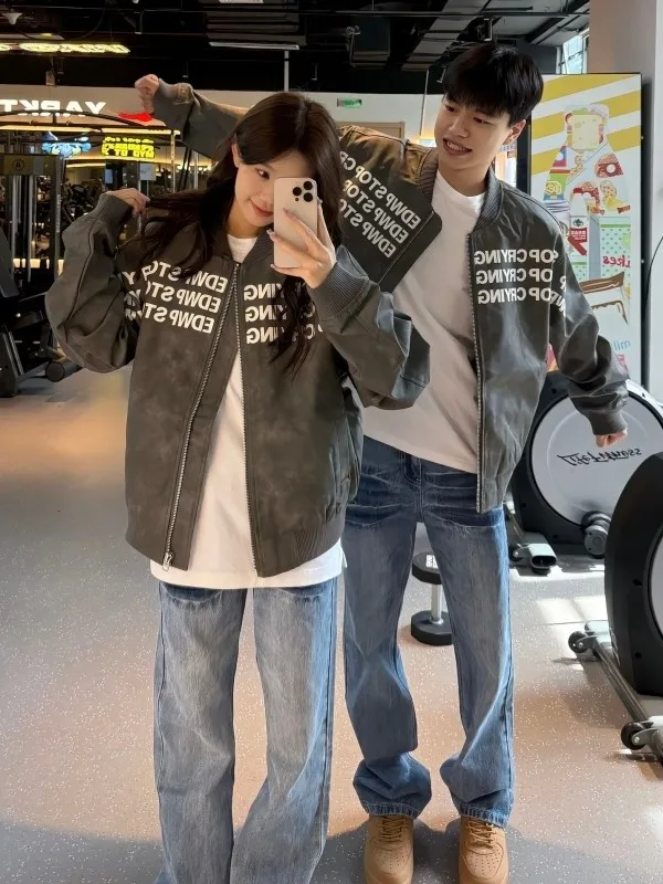 

plus Size 300 Pou American Retro Letter Print Baseball Jaet ex Autumn Winter Trendy Brand Couple Sle Outerwear