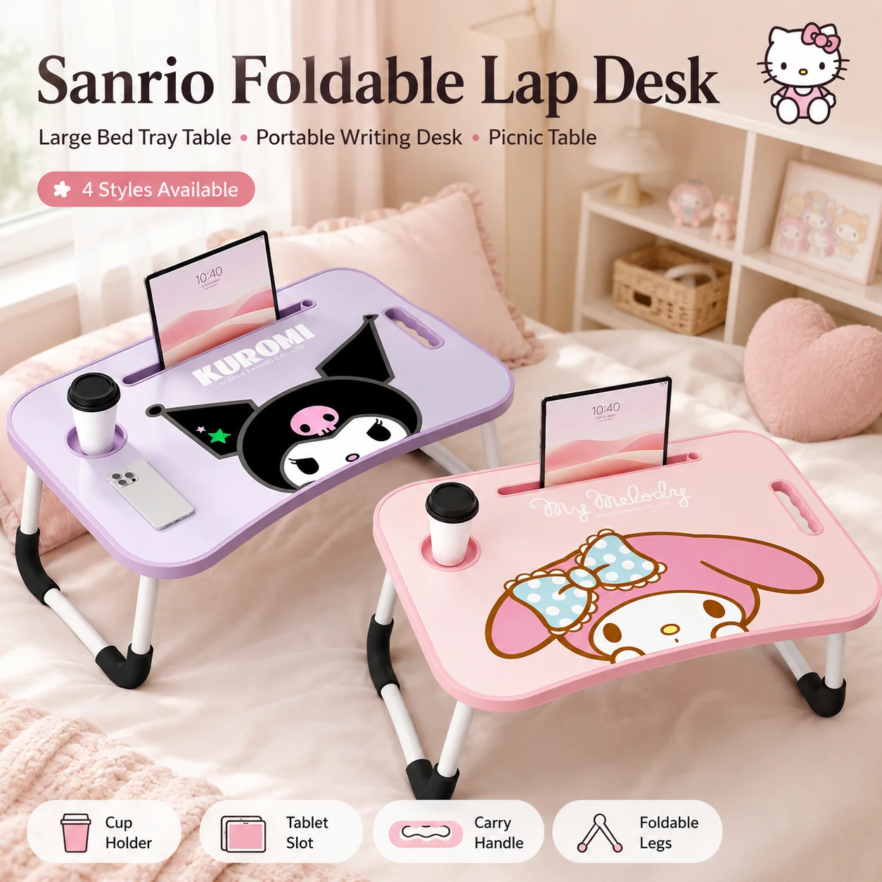 Sanrio Kuromi, zusammenklappbarer Laptop-Schreibtisch, tragbarer Tisch für das Bett, Schreibtisch für das Lernen und Schreiben, Sofa-Arbeitsplatz, ideal für Studentenwohnheime, Campingausflüge, als